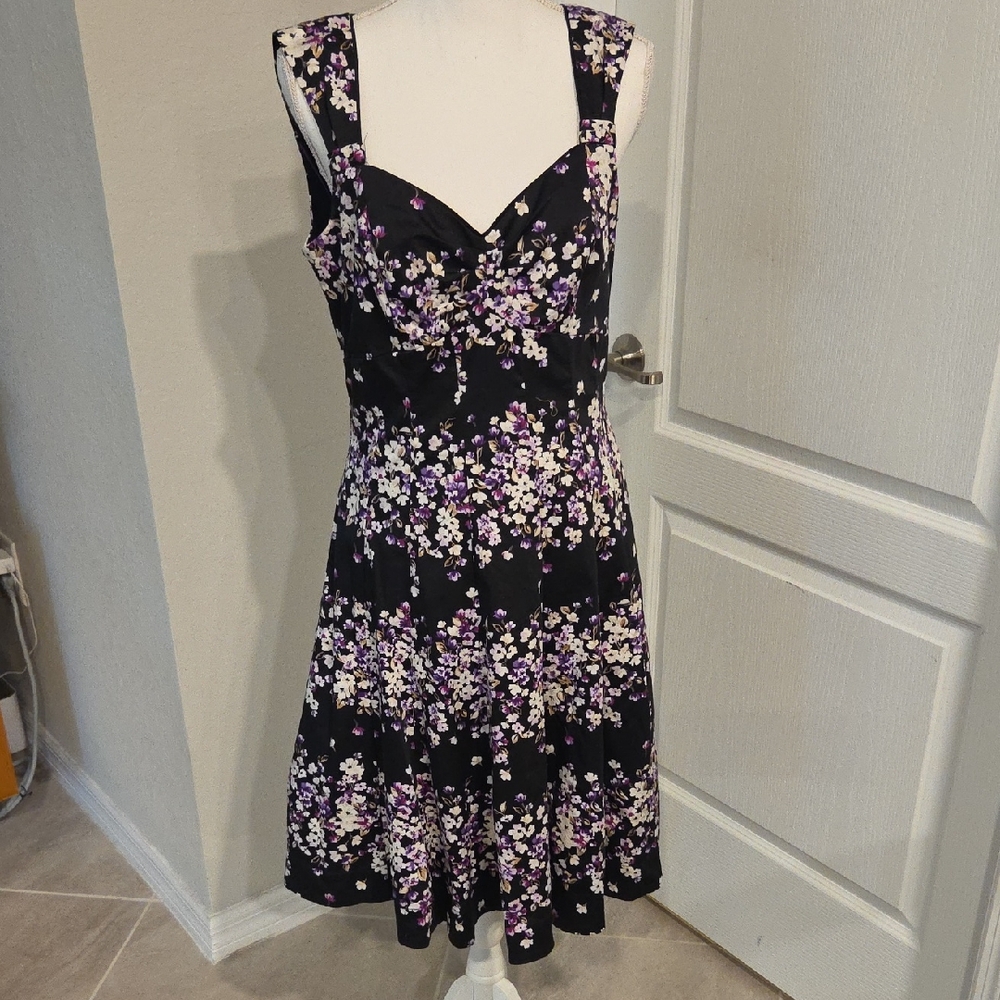 White House Black Market Black and Purple Floral Midi Dress
